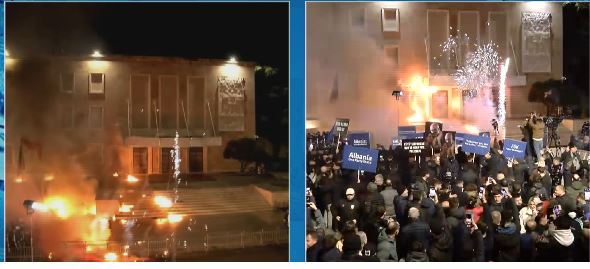 protesta-para-kryeministrise,-“ndizet”-zjarr-hyrja-e-godines,-hidhen-molotove-dhe-fishekzjarre